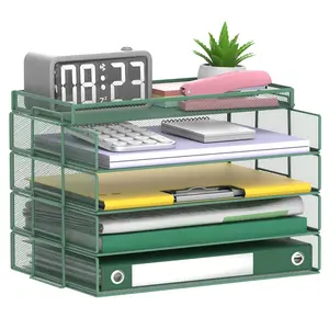4-Tier Storage Rack with 1 Extra Tray, Green Stackable Letter Tray, Iron Desk Organizer for Office, Modern Desktop Decoration Accessory for Document Sorting
