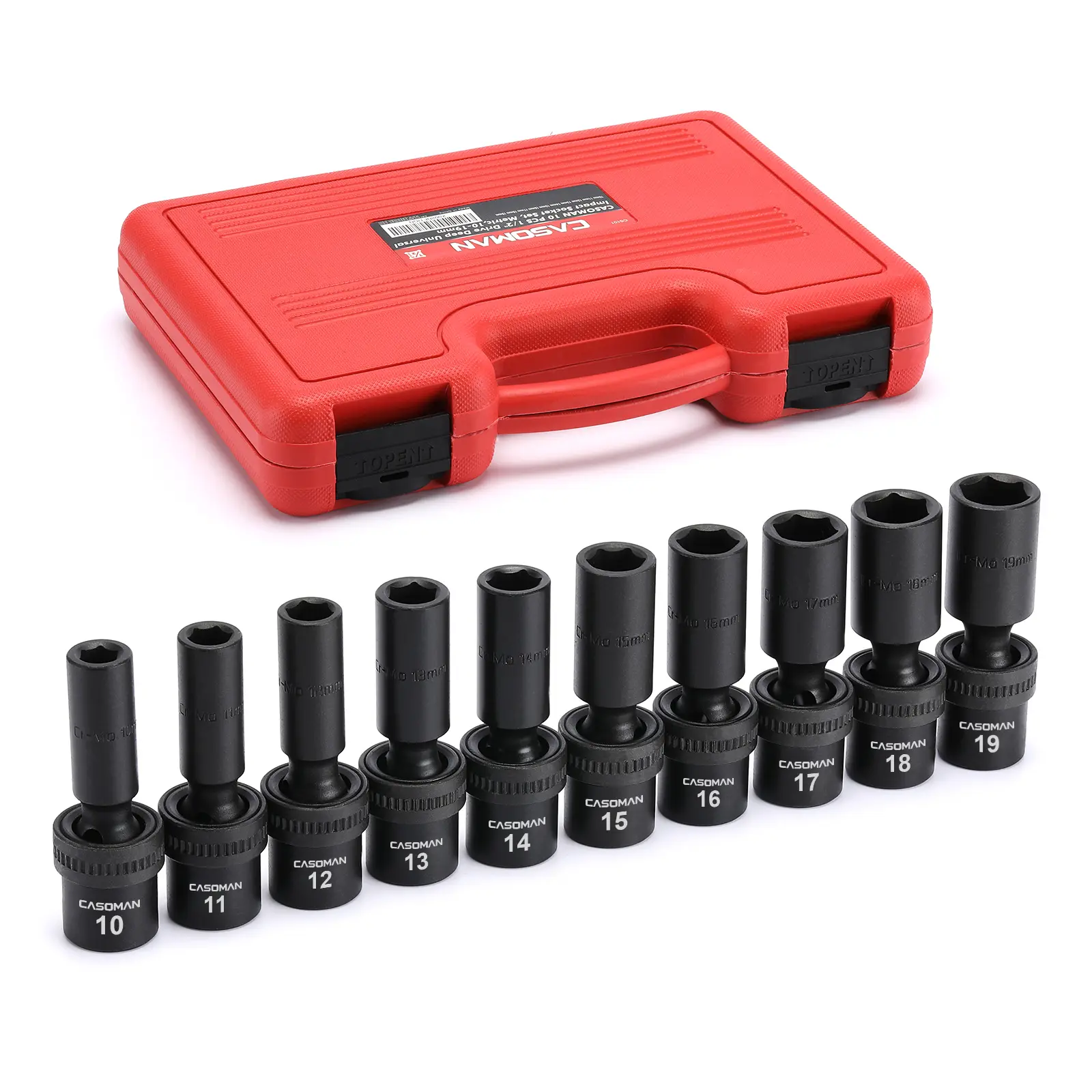 CASOMAN 10-Piece 1/2" Drive Deep Universal Swivel Socket Set, Chrome Moly Metric 10-19mm Mechanic Tools, Car Accessories, Ratchet & Socket Sets, Metric Impact Options, Tool Box Add-on, Deep Socket