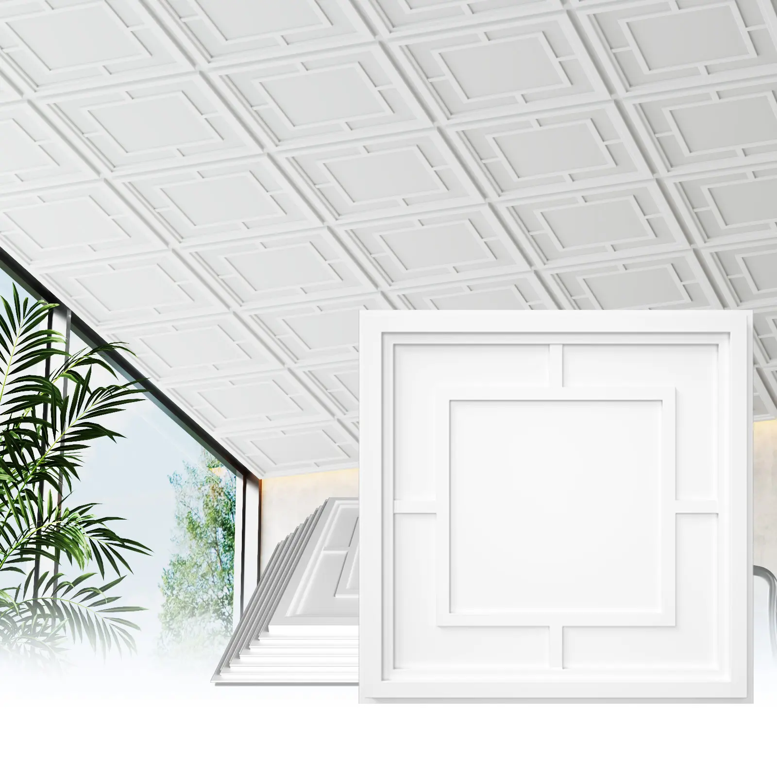 LOOYEE 24 PCS 24x24 in Geometric Grid 3D Modern Fireproof PVC Ceiling Tiles, Lightweight Waterproof Cuttable Panels, Soft 3D Wall Panels for Basement, Bathroom, Restaurants, Commercial DIY Projects (Covers 96 Sq.Ft), Boxed Pack