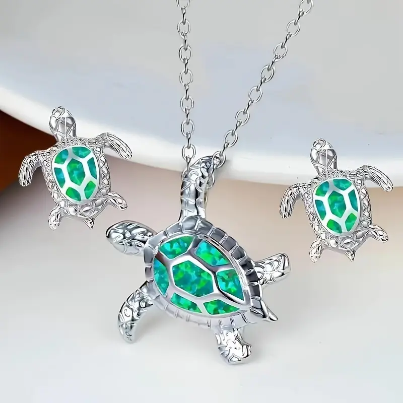 1 Set Adorable Turtle Pendant Necklace and Stud Earrings Set, Alloy Material, Cute Theme, Ideal for Christmas Gift and Birthday Party Jewelry Accessories