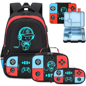 SIMILOVE Game Theme Gamer Backpack Set - Cool Glow-in-Dark Nylon Schoolbag with USB Port, Lunch Bag, Pencil Case for Elementary-Middle School Kids, Childrens Bag (Party Gift Option)