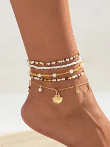 5 Piece Beach Vacation Starfish Pendant Shell Anklet Set, Fashion Beaded Ankle Chain, Stylish Seashell Jewelry Collection, Fashionable Accessory, Trendy Jewellery Accessories