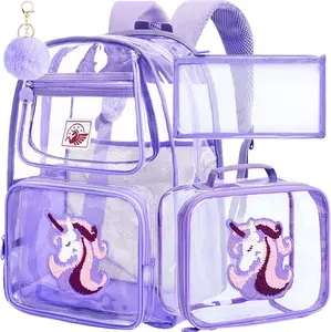 3 count Clear Backpack for Girls,  Unicorn Transparent Backpack with Heavy Duty PVC, See Through Backpacks with Lunch Bag-Purple