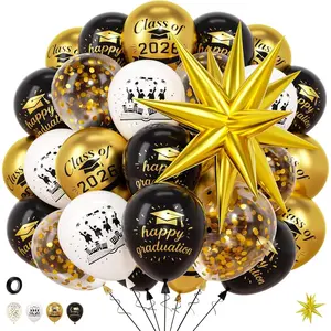 42pcs Graduation Balloons Set, 12 inch Black Gold White Latex Balloons Class Of 2026 Graduation Party Decorations With Confetti Starburst Balloon For College Grad Party Decoration Supplies