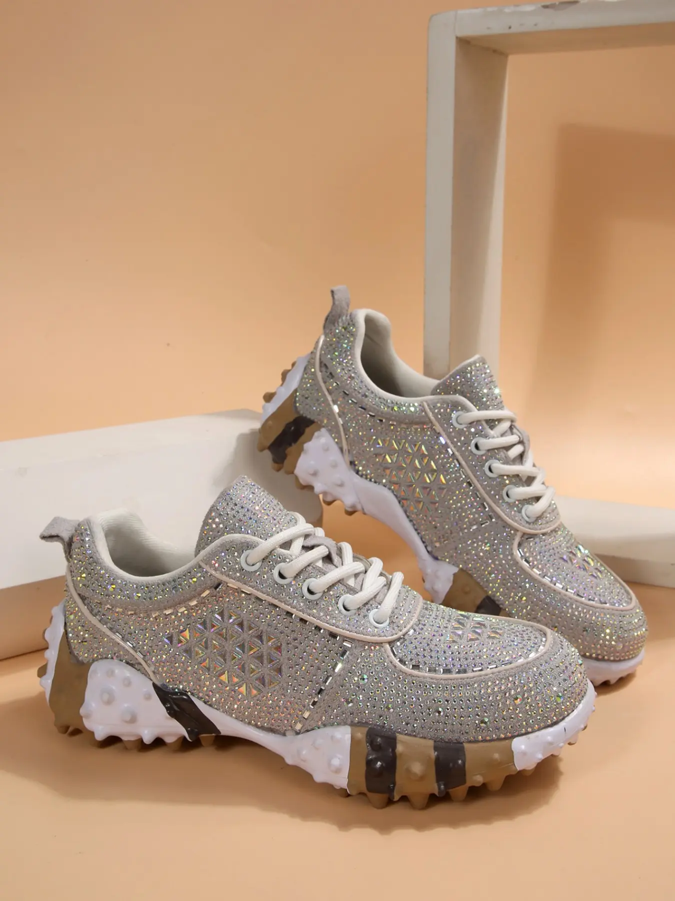 Fashion Rhinestone Women's Dad Shoes, Sneaker, Rhinestone Sneakers, Spring Fall New Design, Thick Sole Height Increase, Anti-Slip, Casual Sports Shoes for Parties