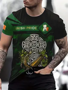 Men's Ireland Pride Celtic Cross T-Shirt, St Patrick's Day Traditional Irish Cultural Clothing, Casual Fitted Long Sleeve Tee for All Seasons