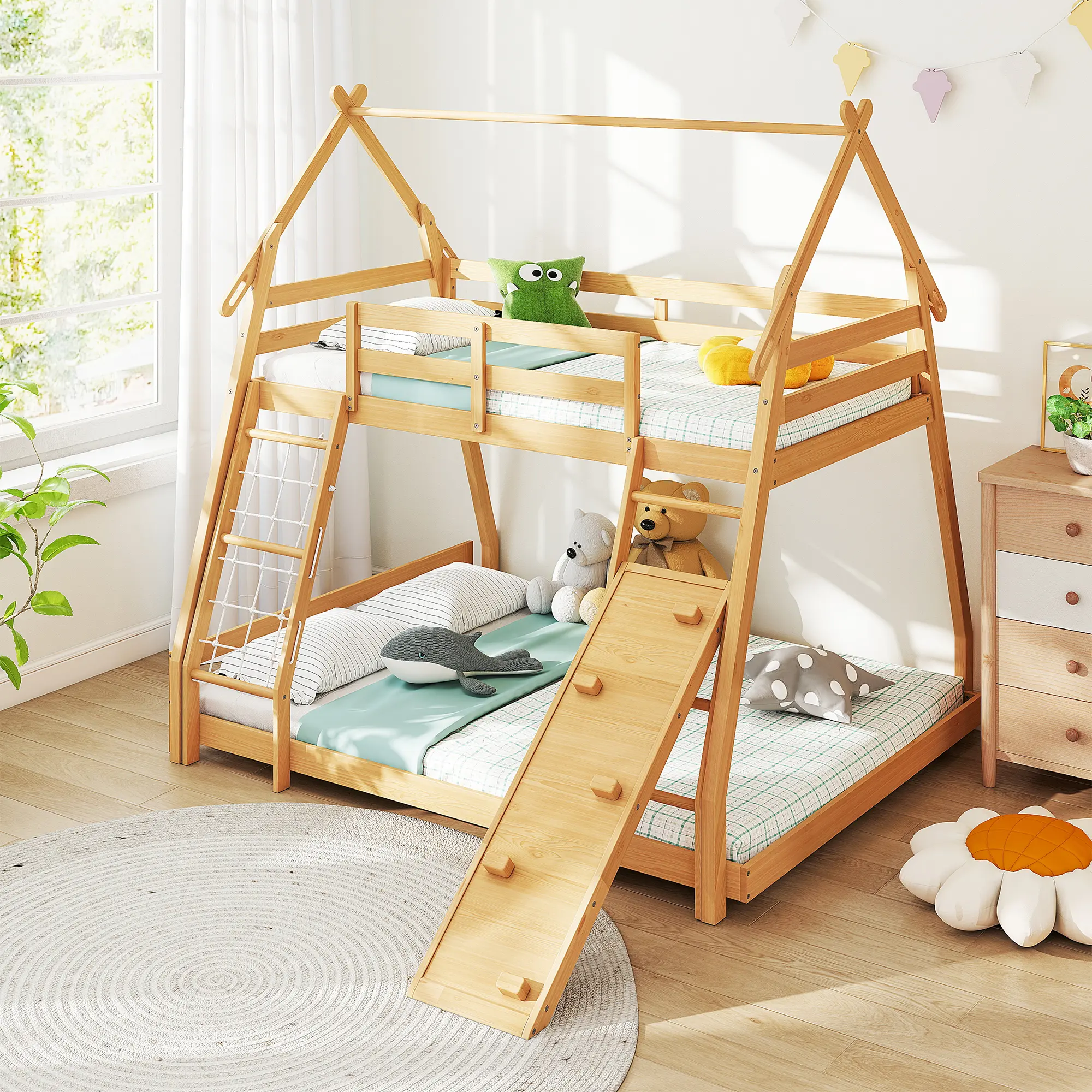 Sweetcrispy Fun Pine Wood Twin Over Full Bunk Bed - Sturdy House-Shape Low Elevated Frame, Load-Tested Safety Guardrails, Ladder, Climb Net, Climbing Ramp, Roof, Full Story Design for Bedroom, Wood Color, Unisex