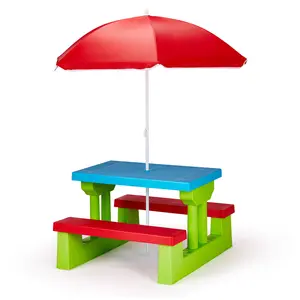 Kids Picnic Table, Indoor & Outdoor Plastic Table and Chair Set with Removable Umbrella, Portable Toddler Picnic Table for Garden, Backyard, Patio (Red & Blue & Green)