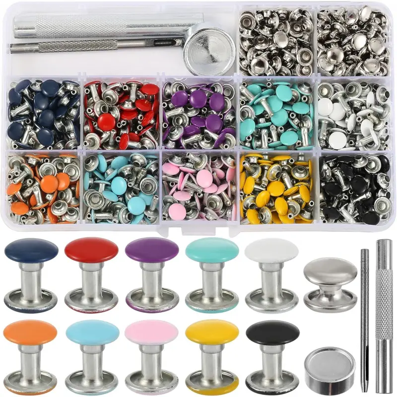 380 Sets 8MM Leather Rivets Kit Studs for Clothing Double Cap Rivets for Clothing Fabric Colorful Rivets with Leather Crafting Rivet Tool for Repair Decorate Clothes Shoes Bags Belt Dog Collar