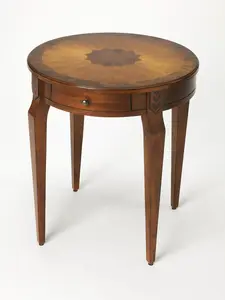 360 Stand Traditional Medium-Size Round End Table - 24x20x20" Manufactured Wood Frame, 4 Legs, Natural Grain Ash Veneer, Drawers Storage, Medium Brown & Olive Ash Finish, Round Top