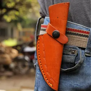 heath Folding Knife Sheath with Button Clasp Brown Leather Embossed Basket Weave for Carrying Folding Knives and Accessories, 5, Leather-Cover