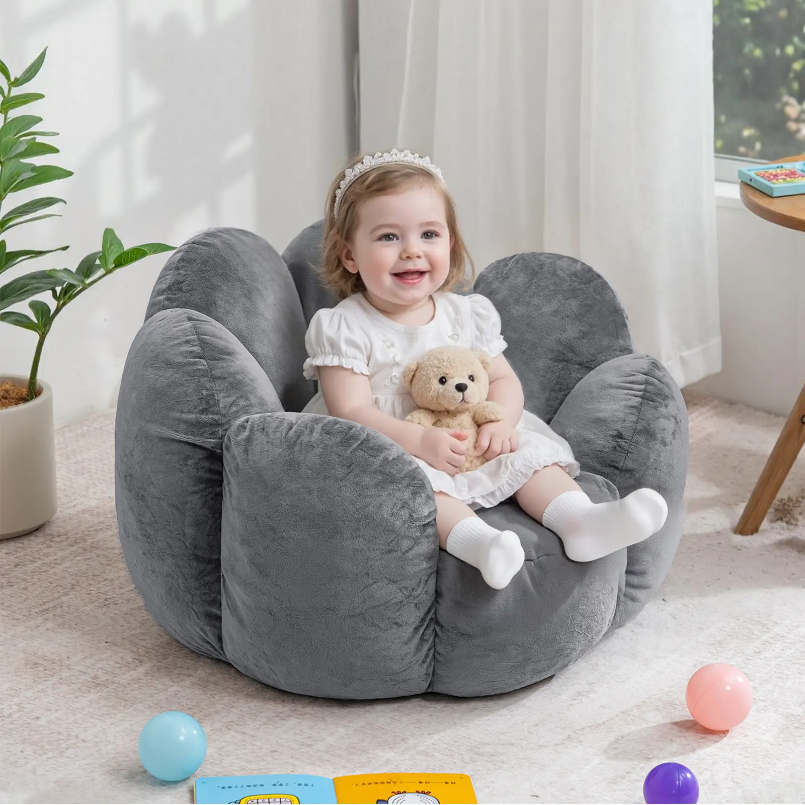 HOMMPA Kids Bean Bag Chair Flower Shape Bean Bag Sofa Comfy Velvet Bean Bag Chair for Kids Boys and Girls Baby Lazy Floor Sofa Chair for Gaming Reading Playing Grey