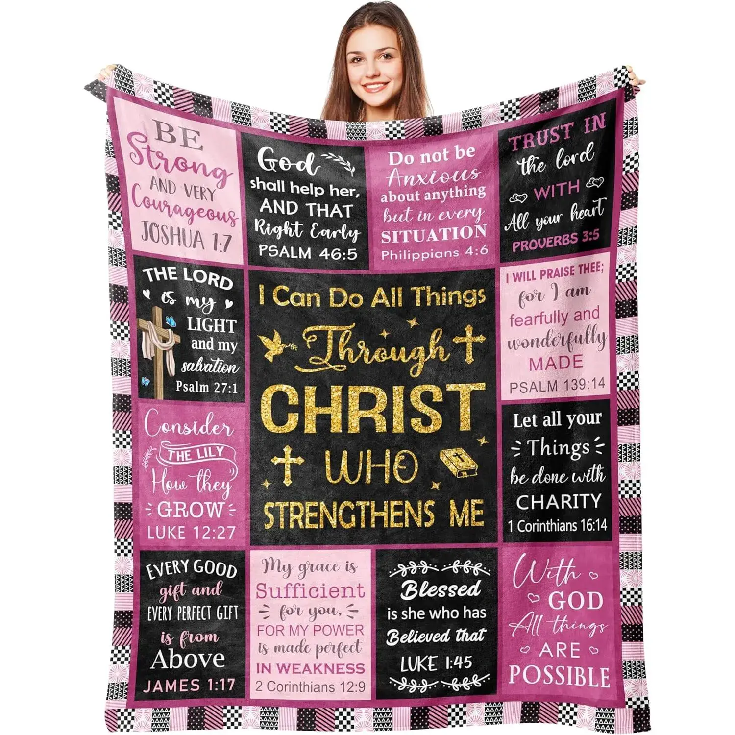 Christian Bible Verse Blanket for Women Men, Inspirational Religious Gift for Him Her, 100% Polyester Flannel Blanket, One-Sided Print  flannel blanket. Soft and warm, perfect for sofas, beds, offices, and travel