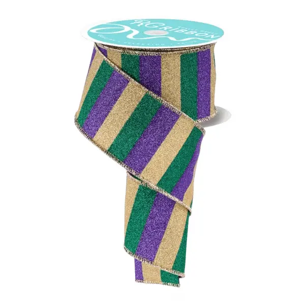 2.5" x 10yd Mardi Gras Horizontal Glitter Stripes Ribbon