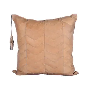 Chevron Genuine Leather Tassel Throw Pillow