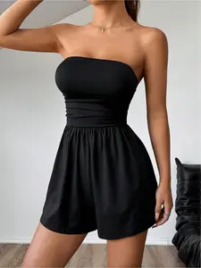 Women's Solid Color Tube Sleeveless Romper, Casual Comfy Overalls Romper for Daily Wear, Ladies Clothes for All Seasons, Suits, Womenswear, Basic