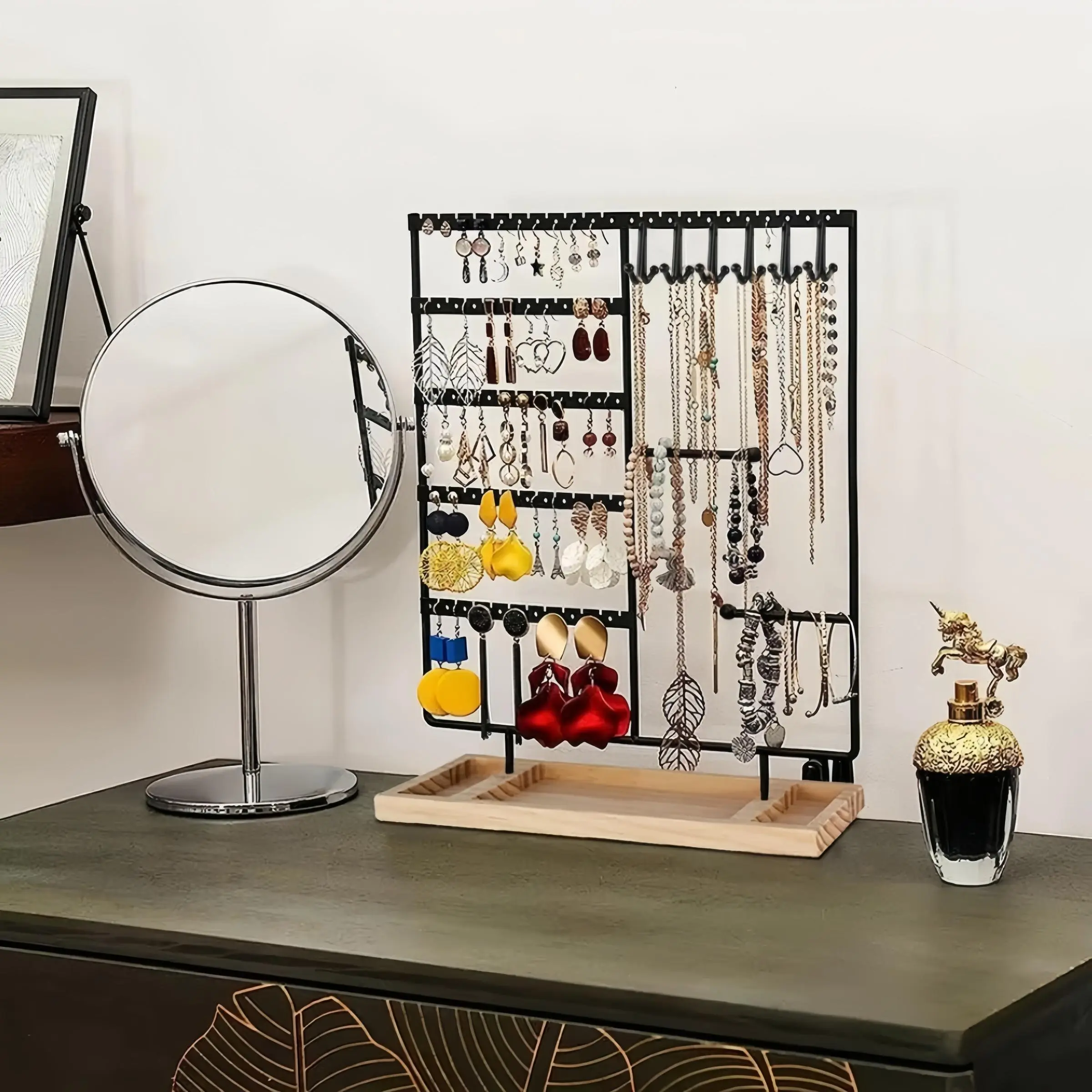 5 Tier Earring Holder with Wooden Tray, 1/2 Counts Jewelry Organizer Storage Holder, Modern Trendy Multifunctional Jewelry Storage Display Rack, Jewelry Storage Unit