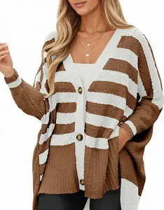 Imily Bela Womens Oversized Striped Cardigan Sweaters V Neck Fuzzy Knit Button Up Side Slit Fall Sweater Coats