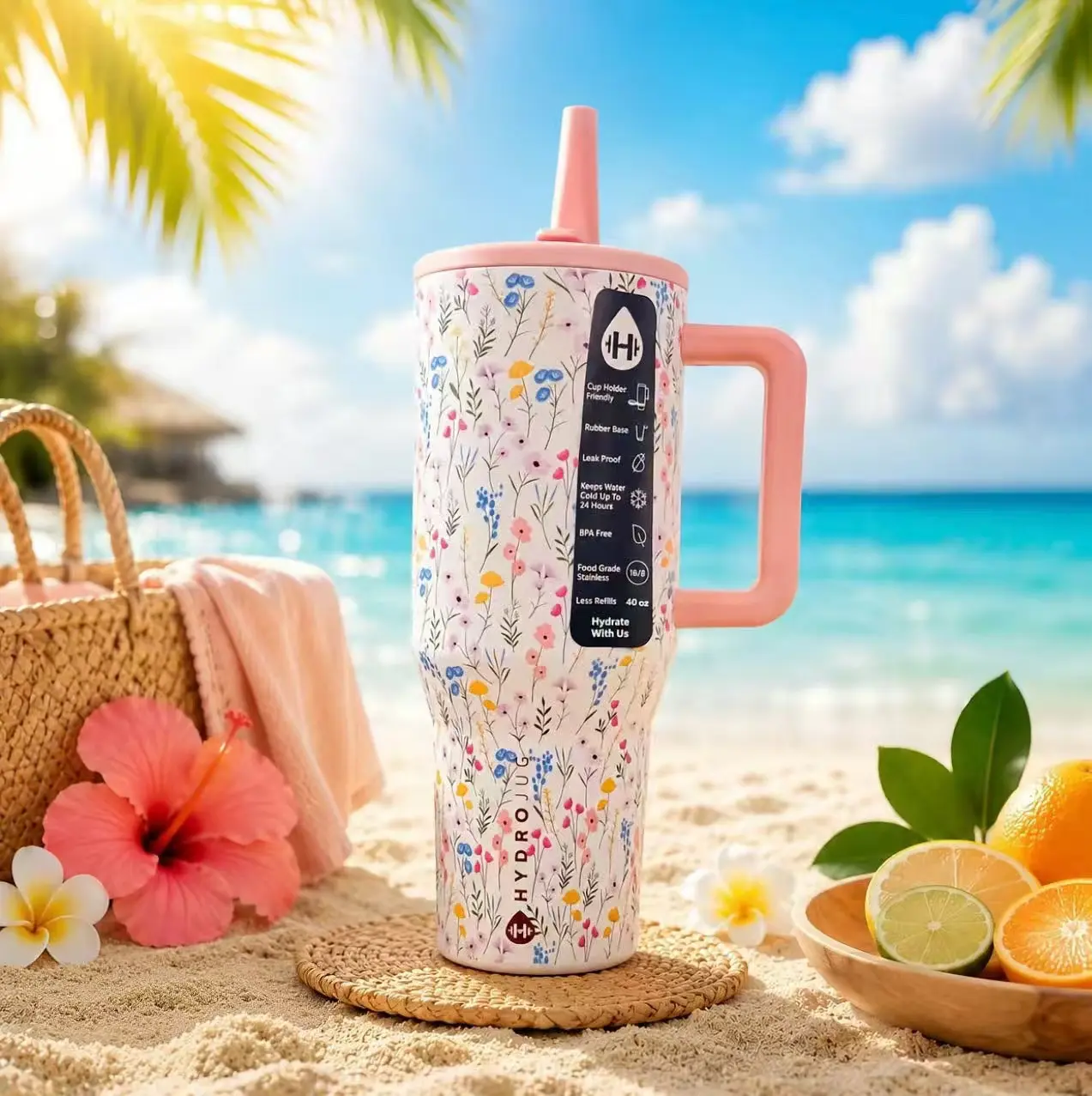 HydroJug 40oz Hydro Flowers Ins Style  Stainless Steel Tumbler - Vacuum Sealed Coffee Cup with Straw, Portable Car Mug for Women & Adults