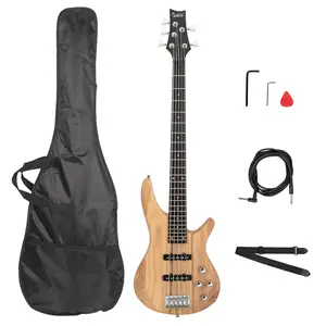 Full Size 5-String Electric Bass Guitar Burlywood Finish Durable Basswood Body Maple Neck Rosewood Fingerboard 24 Fretboard with Bag & Accessories Adjustable Intonation Split Single-Coil Pickups