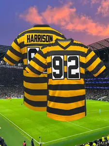 Men's 90 Yellow and Black American Football Jersey V Neck Short Sleeve Embroidered Sports T-Shirt, Casual Loose Fit Rugby Jersey, Knit Fabric