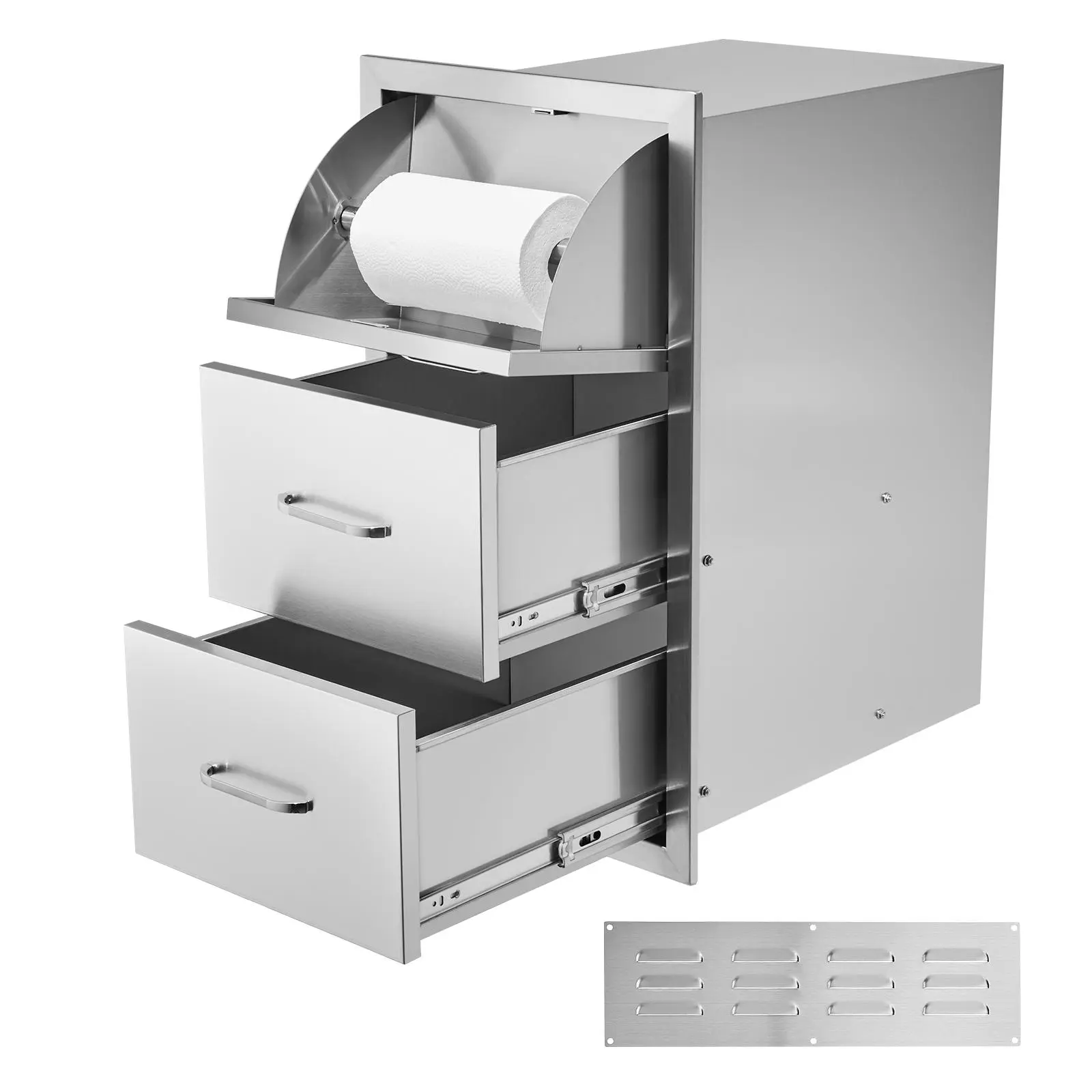 VEVOR 17x30x21" Outdoor Kitchen Stainless Steel Double Drawers with Paper Towel Holder Combo, Brushed Finish, High Temperature Resistant, Easy Assembly for BBQ Island, Grill Station
