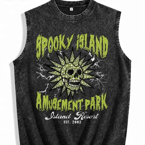 Vintage Acid Wash Spooky Island Graphic Tee Sleeveless Y2K Grunge Streetwear Muscle Tank Summer shirts unisex casual streetwear tee loose fit casual shirt cotton t-shirt