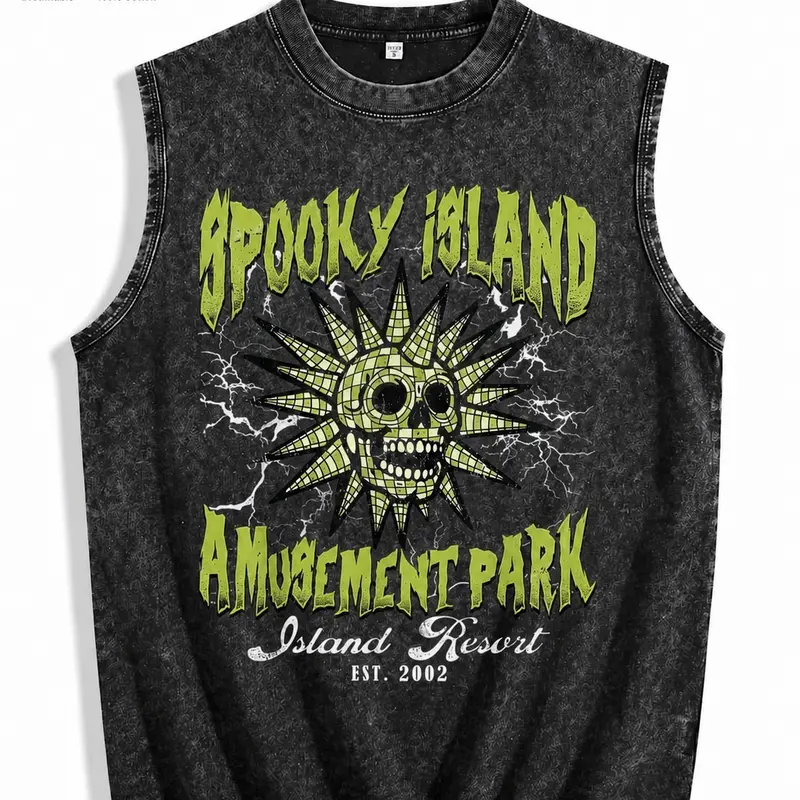 Vintage Acid Wash Spooky Island Graphic Tee Sleeveless Y2K Grunge Streetwear Muscle Tank Summer shirts unisex casual streetwear tee loose fit casual shirt cotton t-shirt