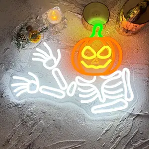 Waving Skeleton Neon Sign Dimmable Flashing Neon Halloween Sign Pumpkin Skeleton Led Signs Jack o Lantern Halloween Window Lights Ghost Skull Led Wall Decor