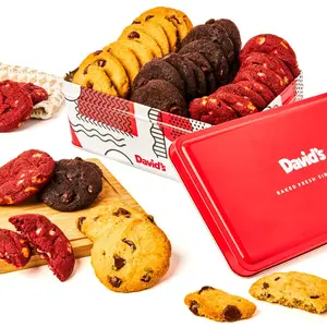 DAVID'S COOKIES Mini Bites Sampler Tin - 28 Baked Chocolate Chip Cookies, Red Velvet Cookies, Double Choc Cookies