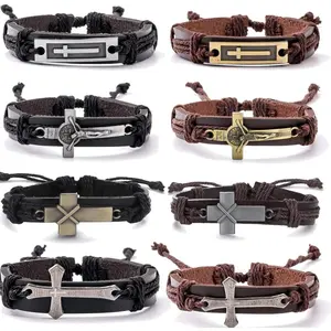 8PCS Braided Cross Bracelets for Men Woven Bracelet Vintage Religious Christian Adjustable Wristband Bracelets Set