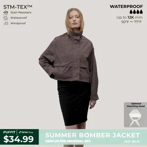 PUFFIT Effortless Style Stand Collar Bomber Jacket With Adjustable Hem,High Neck Zip-Up Casual Outerwear,Stain Resistant,Windproof,Women's Rain Jacket,Breathable Stylish,Inner Pocket Design,Outdoor Sport,Spring Summer Jacket
