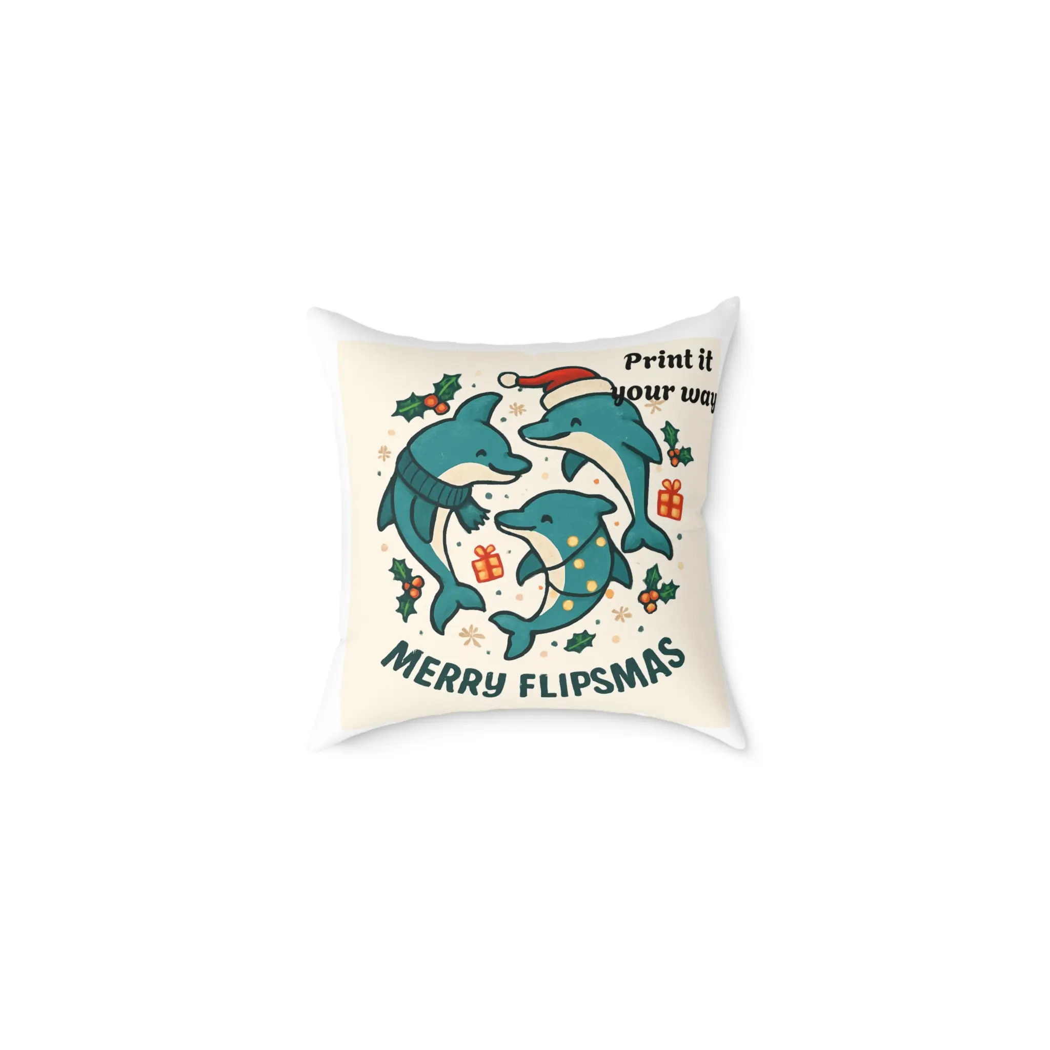 Merry Christmas Dolphin Pillow, Cozy Home Decor, Ocean Lover Gift, Holiday Pillow, Nautical Accent Cushion