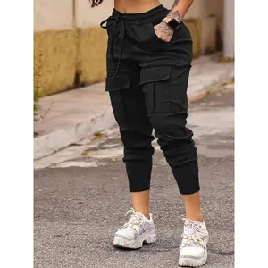 [High-Elastic Cargo Pants] Stretchy High-Elastic Women's Jogger Pants - Covered Pockets, Drawstring Waist, Solid Color Black Polyester Blend