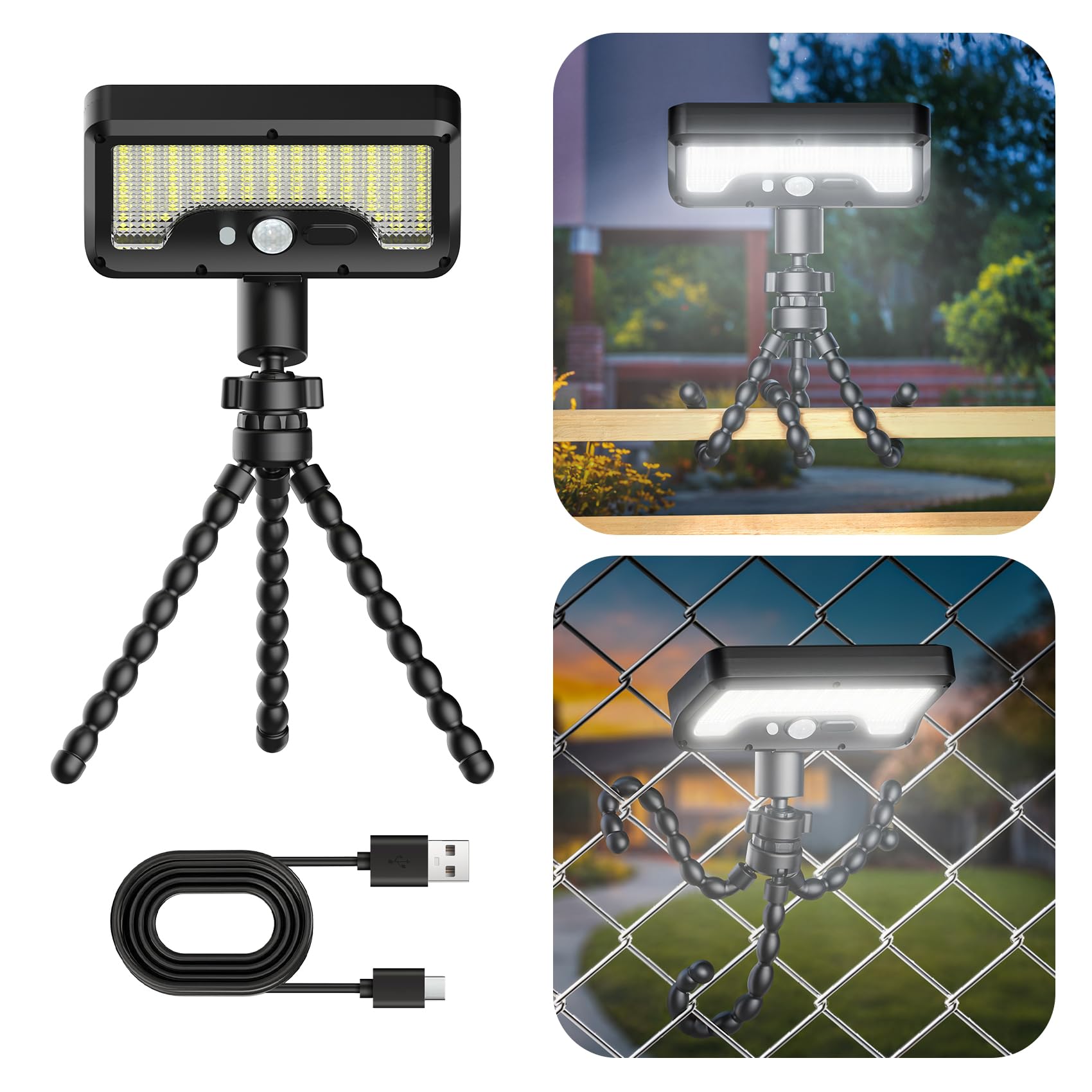 Clamp-on Solar Light Outdoor with Octopus Tripod, 3 Color Temperatures and Remote Control, Motion Sensor Fence Light Solar Powered, IP65 Waterproof Secht, Suitable for Outdoor, Deck, Gutters, Camping