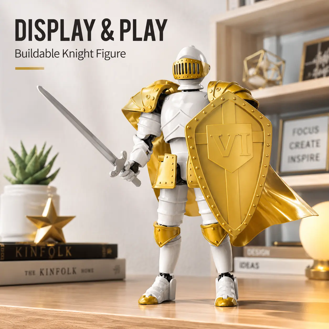 Buildable Knight Action Figure Set – Poseable Collectible Toy with Sword, Shield & Interchangeable Hands – Available in Black, Gold, White, Blue, Green, Orange & Pink – Display & Play