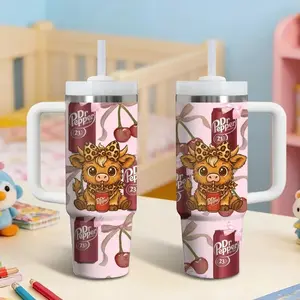 Dr-Pepper Cow Cut Cherry  Vacuum Flasks Insulated Thermos 40oz Stainless Steel Tumbler with Handle & Straw, Vacuum Insulated Travel Mug Keeps Drinks Cold Up to 34 Hours, Leak-Resistant Cup for Iced Coffee, Water, Office, Gym or Travel Drinkware Insulation
