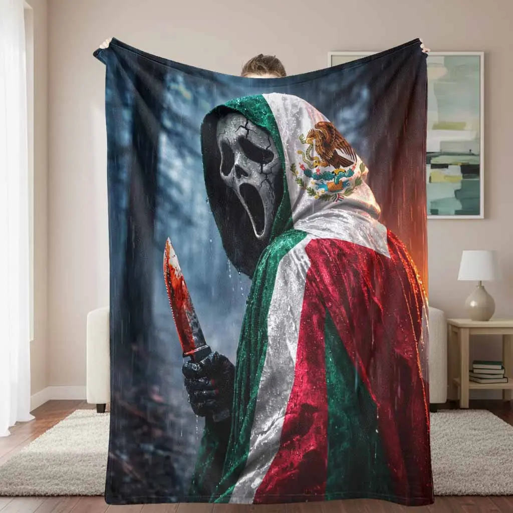 Mexican Flag Skull Motif Gothic Flannel Blanket - Flannel Fabric, Patriotic Art Print, Ultra Soft, Lightweight, Breathable Throw, Multi-Size, Ideal for Outdoor Camps, Couch Snuggle Home Decor