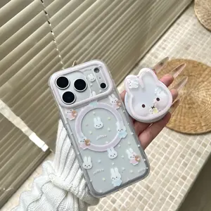 Matte Magnetic Miffy Rabbit Head Case + Stand, for iPhone 17 Pro Max, 16 Pro Max, 15 Pro Max, 14 Pro, 13 Pro, Fashion Women Protective Phone Case Protector, Accessories