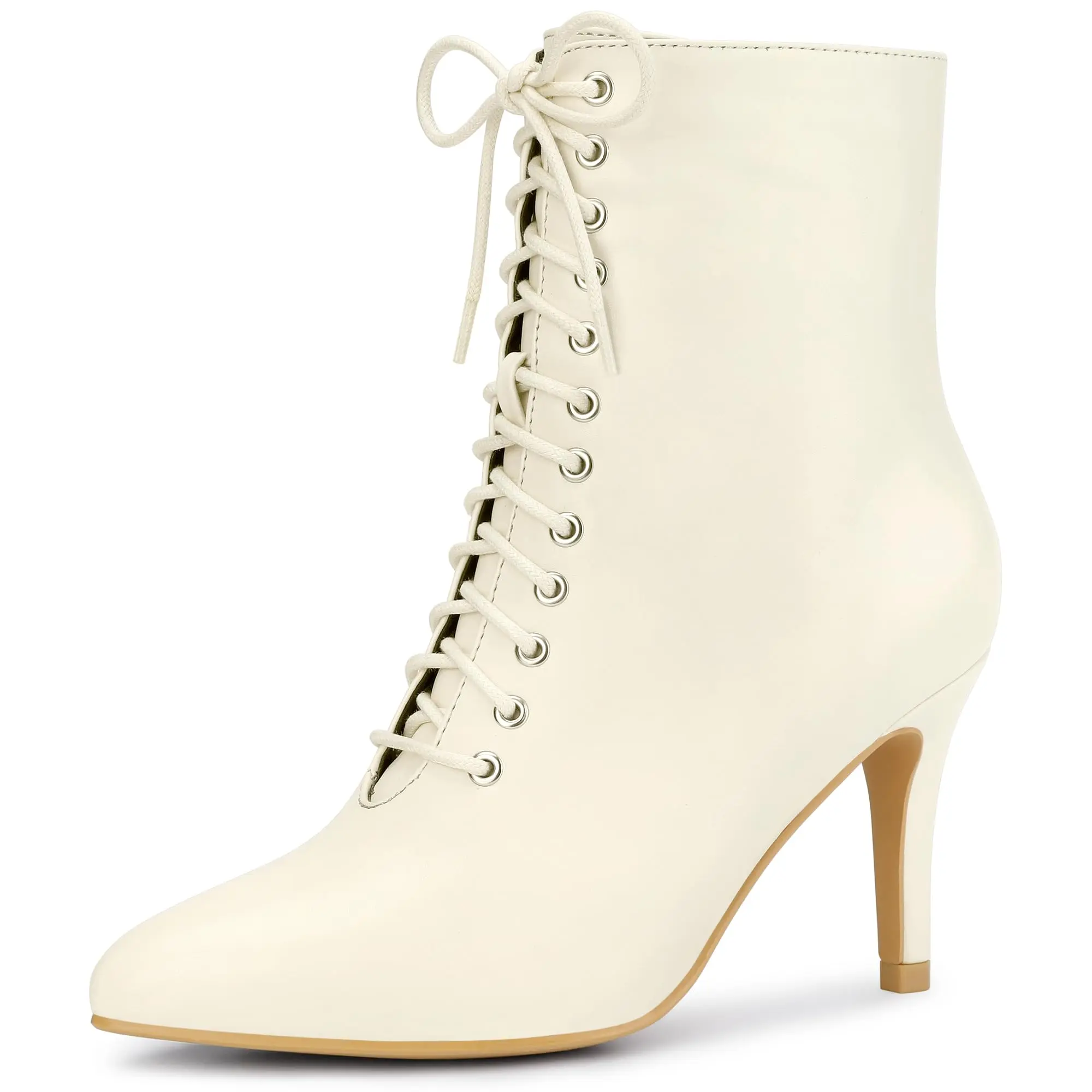 Allegra K Womens Pointy Toe Lace Up Stiletto Heel Cream Ankle Boots 8 M US