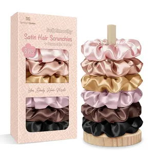 BONNET QUEEN Hair Ties for Women – Satin Scrunchies, 6-Pack with Holder – Silk Scrunchies No Crease, Strong Hold to Prevent Hair Breakage & Frizz, Soft Scrunchies for Sleeping & Everyday – Black