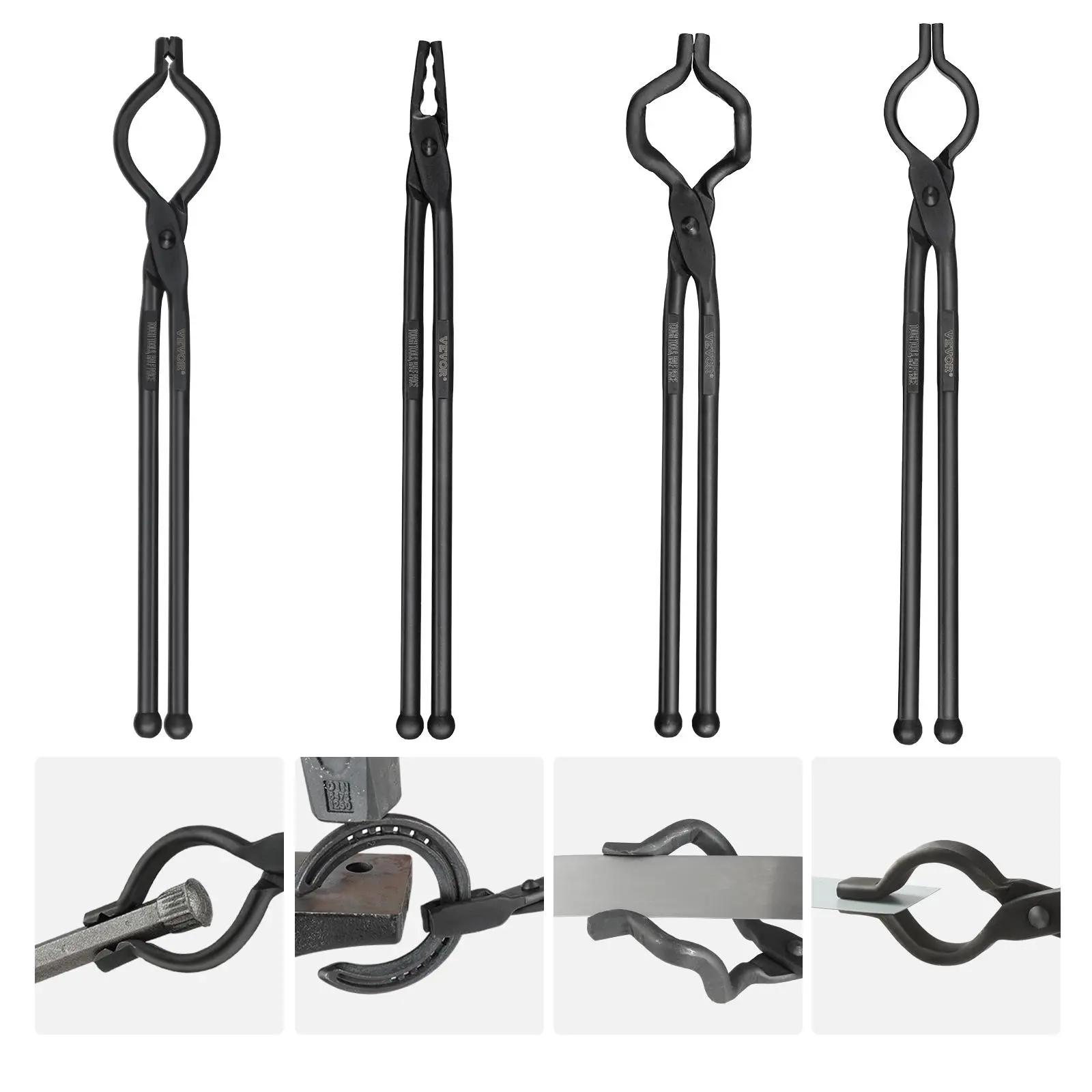 【summerfinds】VEVOR Blacksmith Tongs, 18” 4 PCS, V-Bit Bolt Tongs, Wolf Jaw Tongs, Z V-Bit Tongs and Gripping Tongs, Carbon Steel Forge Tongs with A3 Steel Rivets, for Beginner and Seasoned Blacksmiths, Bladesmiths