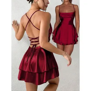 Elegant pleated skirt, satin jacquard A-line skirt, backless design, thin shoulder straps, suitable for nightclubs, parties, autumn fashion GARMENTARY