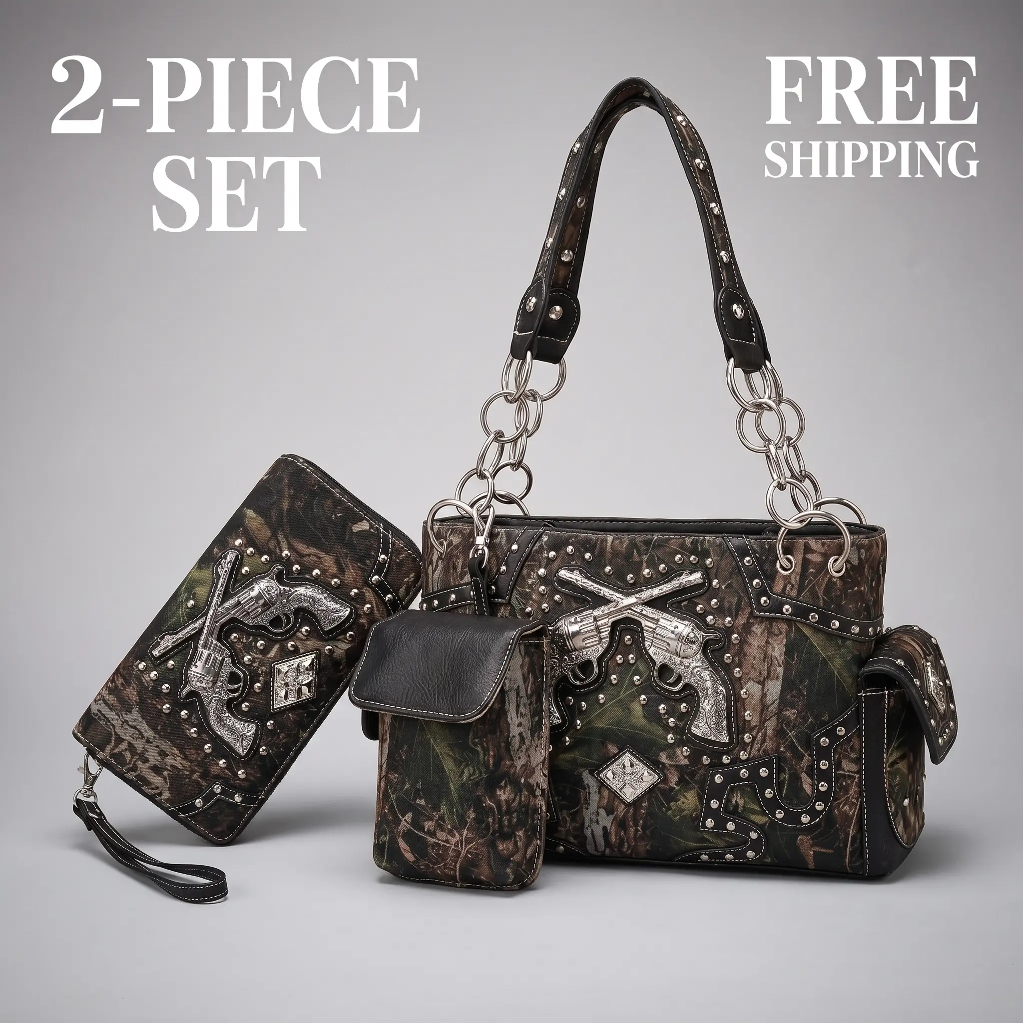 Western Origin Camo Handbag & Wallet 2-Piece Set, Edgy Western Studded Shoulder Bag for Women with Pistol Hardware, Casual Camouflage Chain Strap Everyday Purse