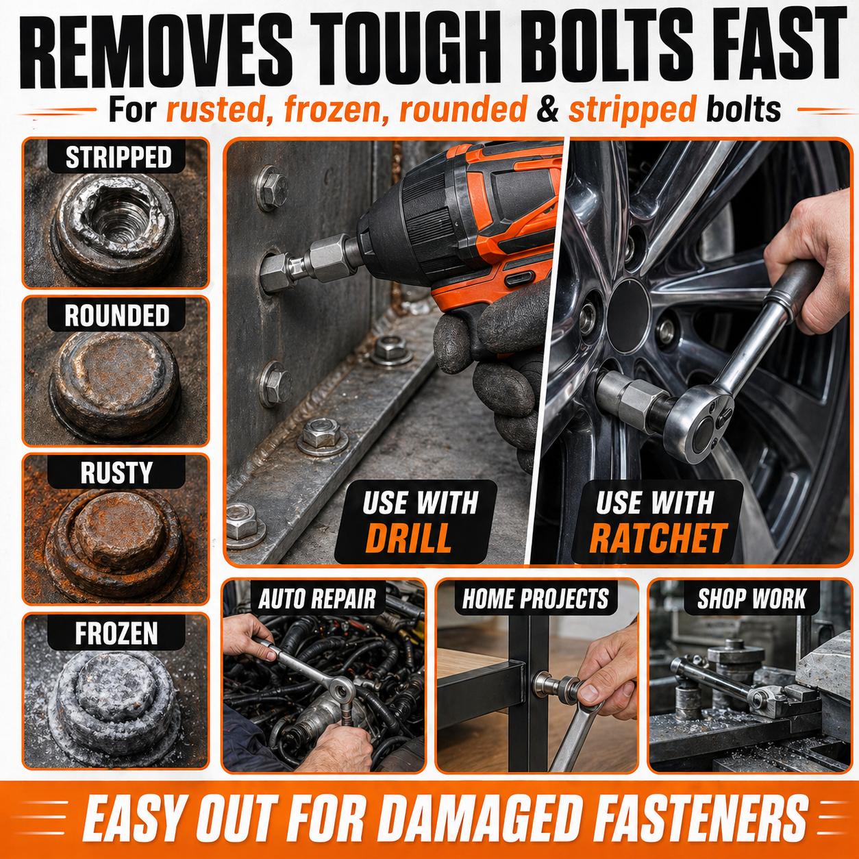 13 Pcs Bolt Extractor Kit, Impact Bolt & Nut Remover Set, Stripped Bolt Remover Easy Out Socket Set for Rusted, Frozen, Rounded and Damaged Bolts, 3/8" Drive with 1/4" Hex Adapter