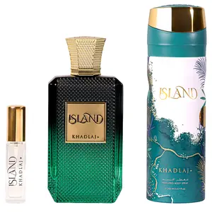 Khadlaj Island for Unisex 3 Piece Set (3.4 Ounce, Extrait de Parfum + 6.8 Ounce, Perfumed Body Spray  + 0.34 Ounce, Extrait de Parfum Travel Spray)