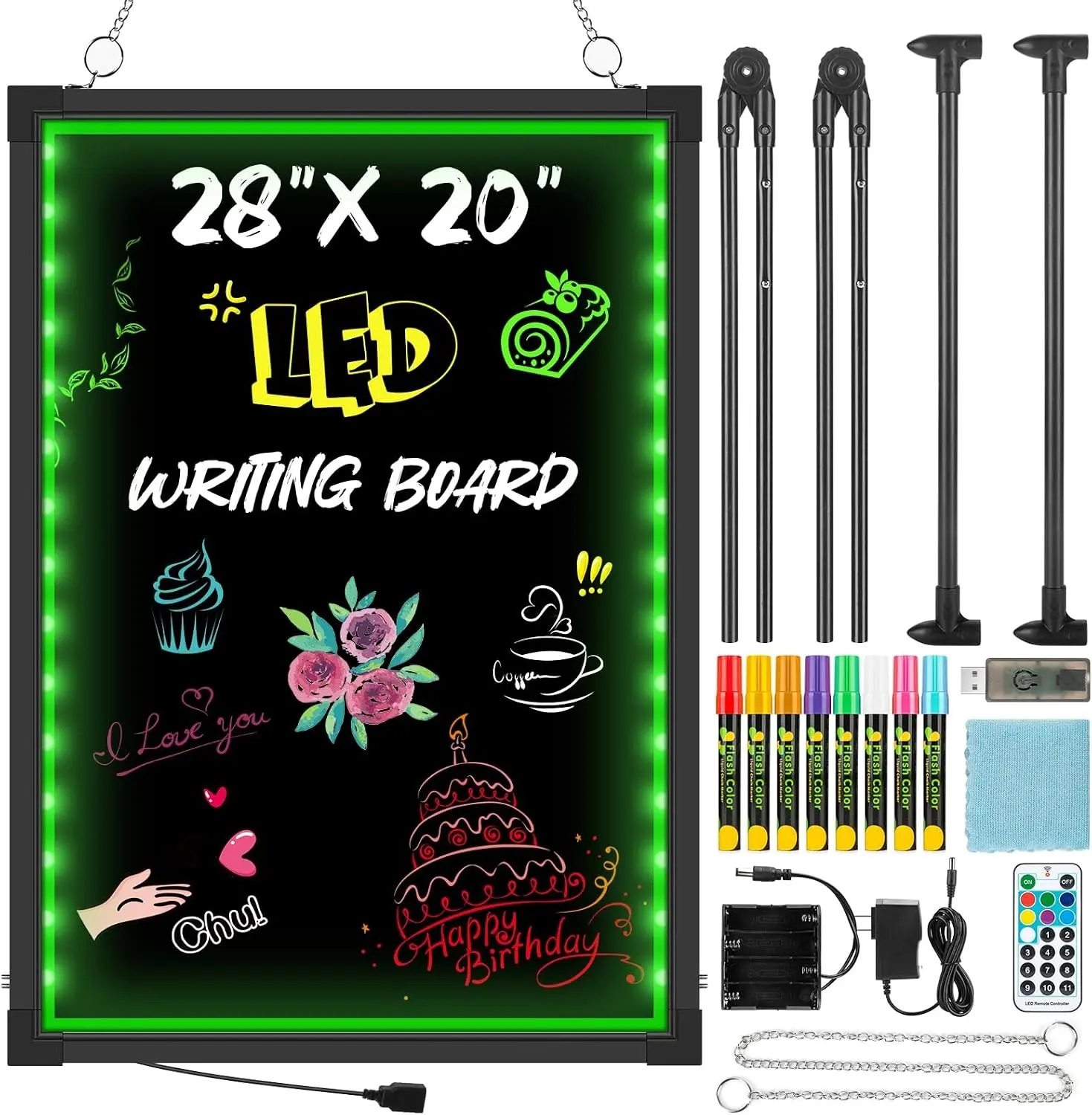 LED Message Board, 28"x20" Flashing Neon Effect & Remote Control, Illuminated Erasable Signage Board for Restaurants/Bars/Cafes, Includes 8 Fluorescent Chalk Markers