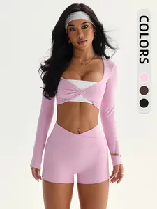Women's Two-Piece Sportswear Set, Long Sleeve Colorblock Top, High Waist Butt-Lifting Shorts, Ideal for Yoga, Pilates, Festive Events