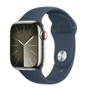 Refurbished Apple Watch Series 9 41mm GPS + Cellular Silver Stainless Steel Case Blue Sport Band 2023 with S9 SiP Chip & Watch Charger Accessories