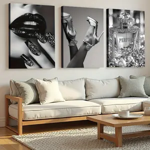 Framed Set of 3 Canvas Wall Art Ready To Hang Black and White Canvas Posters High Heeled Shoes, Lips, and Perfume Art Prints for Home Decor, Fashion Wall Art Perfect Gift for Any Space